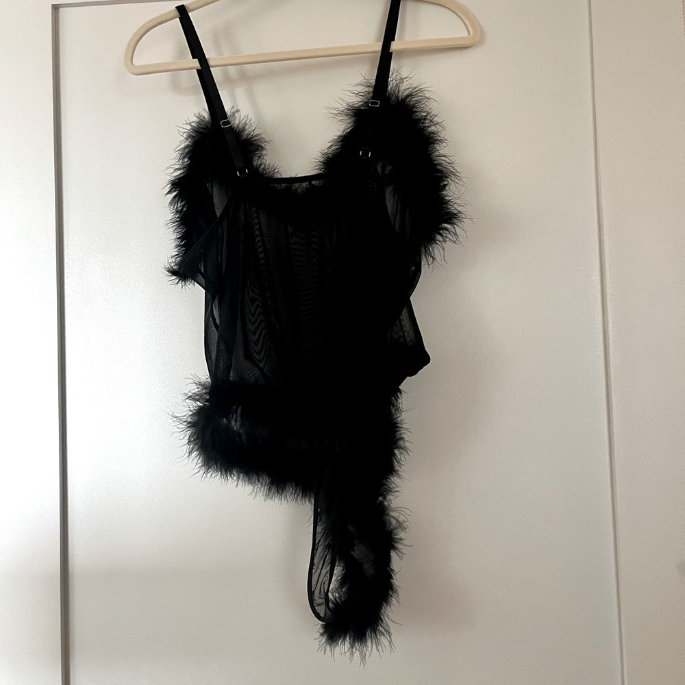Sheer, mesh, feathered thong body suit lingerie
